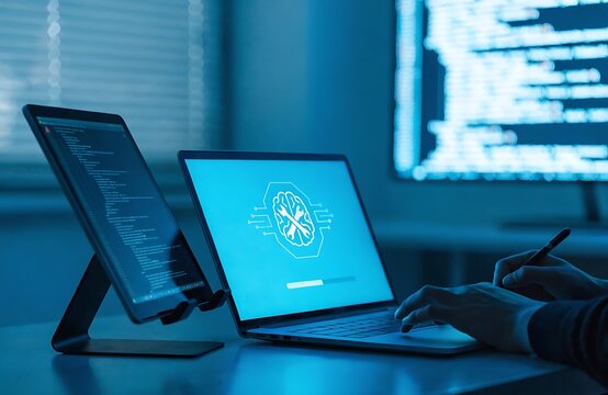 AI debugging process with developer fixing system error on laptop screen, analyzing code and resolving machine learning issue in modern workspace with multiple devices.