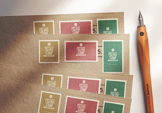 Postage Stamp on Envelope Mockup &mdash; Stacked Letters, Calligraphy Pen, PSD