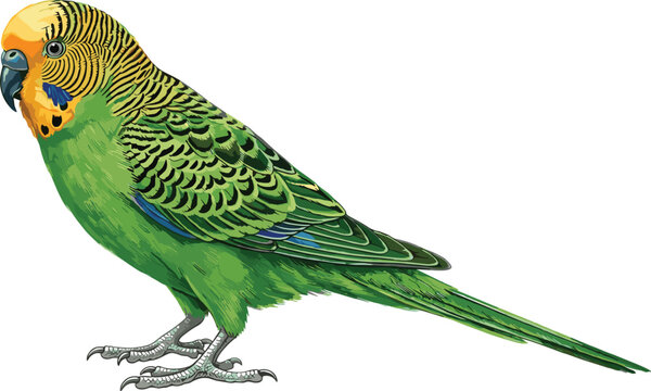 Beautiful green budgerigar parakeet bird standing side view isolated on a plain white background vector illustration