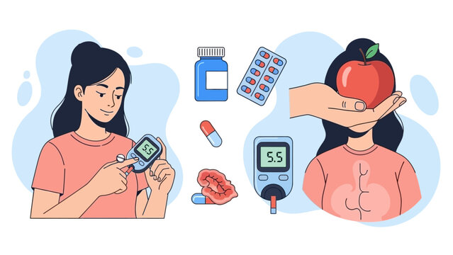 diabetes management with blood glucose meter pills and healthy food