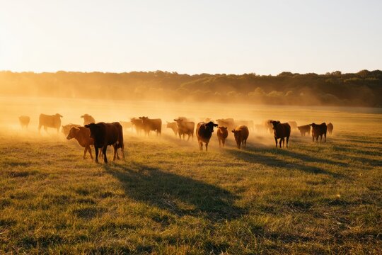 The Cattle Bathed in Golden Sunrise Mist on Expansive Rural Pasture Field
