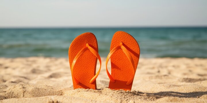 The Flip-Flops on Sunlit Beach by Calm Ocean at Dusk