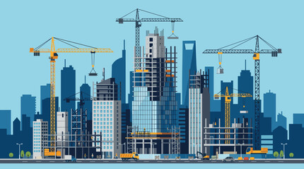 Fototapeta premium Urban Construction Development Vector Illustration with Modern City Skyline, Tower Cranes and High Rise Building Project