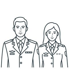 Fototapeta premium Military officer couple in formal dress uniform line art illustration.