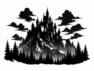 Dark castle on rocky mountain silhouette with clouds © vexeledge
