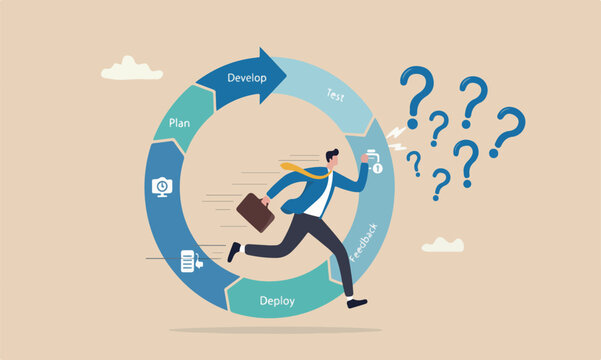 Agile methodology for business or software development, flexibility work in modern company management concept, smart businessman running fast with agility effect on circular agile life cycle workflow