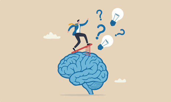 Brain intelligence creativity control thinking process for new idea, smart or wisdom to brainstorm, imagination to success concept, businessman riding human brain with springboard