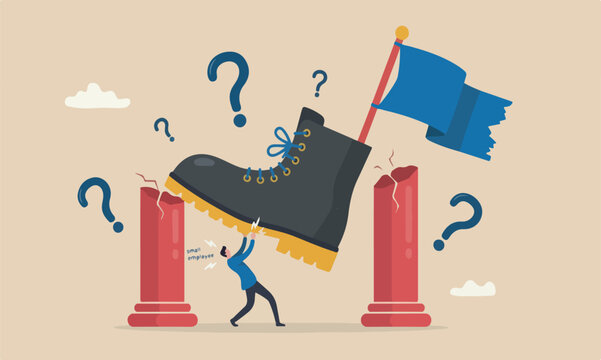 Unfair competition,flag red pillars cheating using authority and power to abuse competitor, violence, conflict or employee fight concept, small employee trying to push back giant boss or competitor