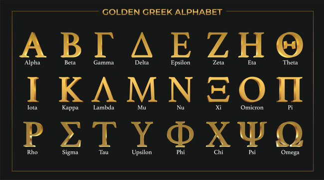 3D-style Greek alphabet in volumetric gold (yellow) letters with a realistic effect. Academic symbolism, mathematics, psychology, fraternities, universities. Greek letters, Greek language. Metallic