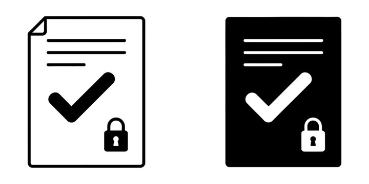 Secure document with check mark and lock icon black and white document