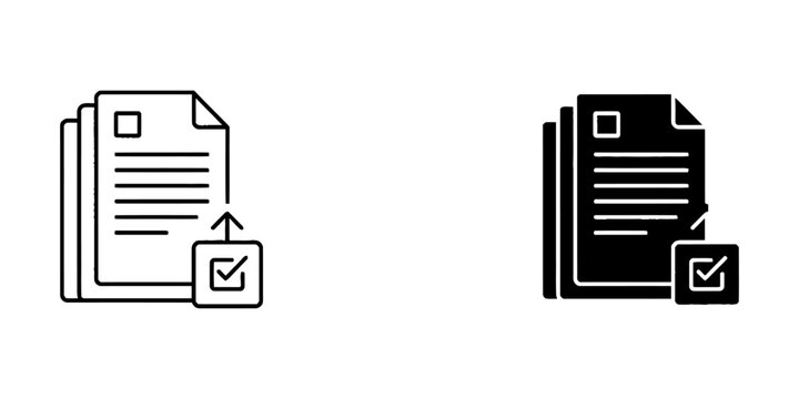 Stack of documents with upload and check mark icon black and white document