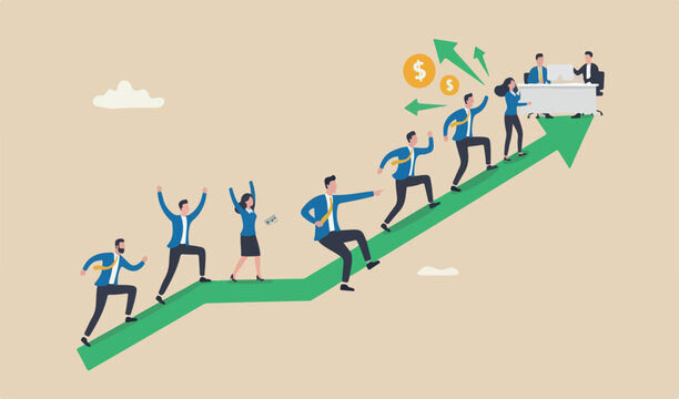 Stock market price rising up skyrocket bull market, positive growing up together or investor concept, confidence businessman desk fast to speed green graph to the top meeting team