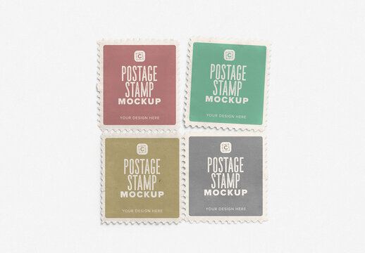 Postage Stamp Mockup Set &mdash; 4 Square Stamps, 2&times;2 Grid, PSD