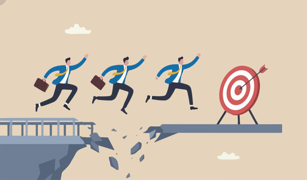 Survive and success in crisis, businessman jumping on collapse bridge to reach target business man team brige on blue to coll red terget