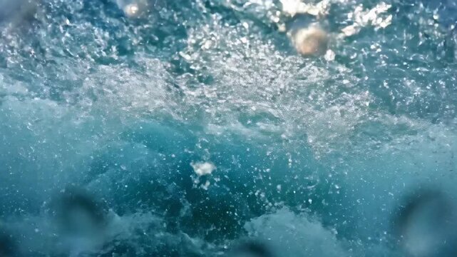 Ocean wave breaking toward camera at waterline POV, turquoise barrel rising with foamy crest and sparkling droplets, bright sun reflecting on moving sea surface creating powerful tropical surf energy