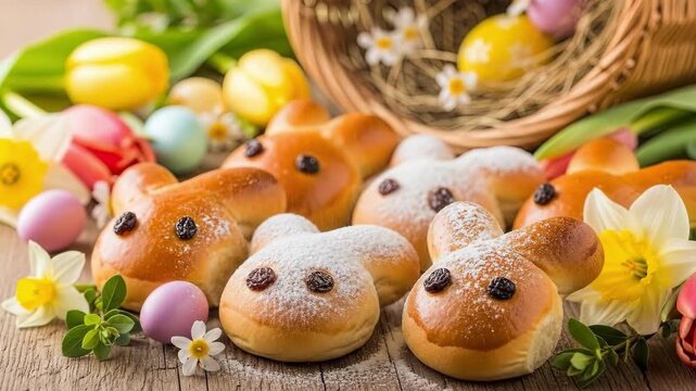 Easter bunny shaped buns with raisins and powdered sugar on wooden table. Surrounded by colored eggs daffodils and basket. Traditional holiday pastry for spring celebration and festive baking