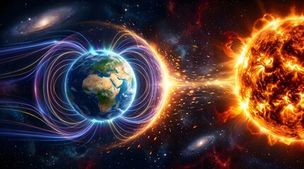Obraz premium The sun unleashes a powerful solar blast impacting earth's magnetosphere, creating a display of cosmic energy and light amidst