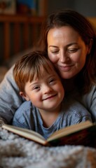 Fototapeta na wymiar Child with Down syndrome reading with caregiver in cozy nursery corner