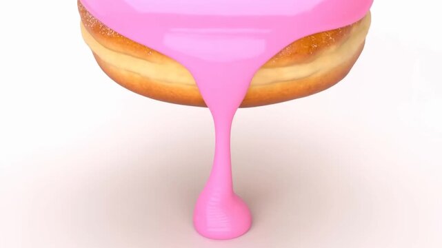 Slow motion close up tilt of donut receiving pink glaze drip in white studio setting