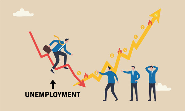 Stagflation economi high up, GDP growth decrease causing by unemployment concept, fearful businessman riding fall down economic graph with inflation high up