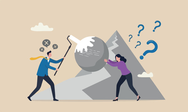 Right mountain opinion, government and politics concept, mystery man using paint removing or censor woman speech bubble
