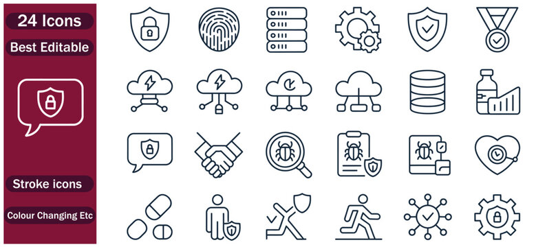 Business Analytics and Data Management Line Icons Set Featuring Reports Statistics Growth Strategy Database Security Performance Monitoring and Business Intelligence Symbols