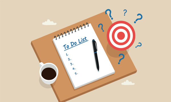 To Do List concept bullseye target paper note pad with handwritten headline as To Do List and numbers listed with coffee cup on wood table, writing business project with tasks priority