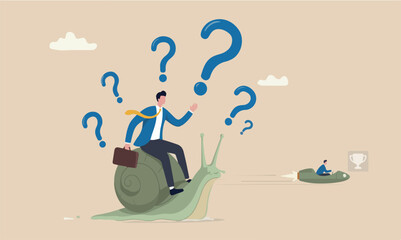 Slow, inefficient or stupid mistake, businessman idiot leader riding slow snail never reach goal, losing competition © Nazma