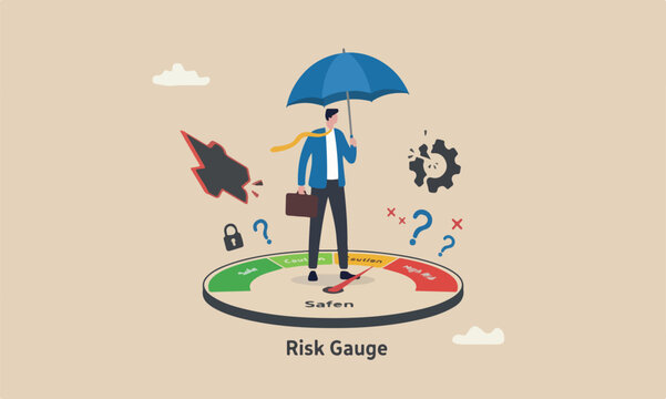 Risk mitigation or potential impact, reduce chance of failure, uncertainty, evaluate safety level, businessman with protection umbrella on risk gauge measuring image