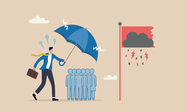 Good protectio in career development concept, kindness businessman offer big umbrella to cover employee from bad weather
