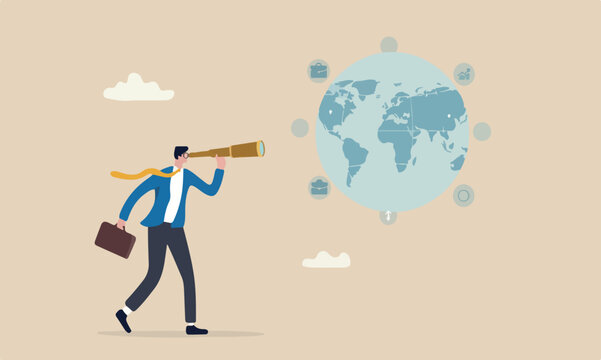 Global or world business business opportunity, searching for job, career or working abroad concept, businessman look through telescope on eyeglasses with world map
