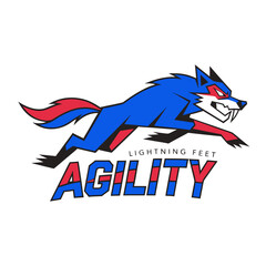 Fototapeta premium Agility wolf mascot logo representing lightning speed with jumping blue animal character and red striped decorative typography elements.