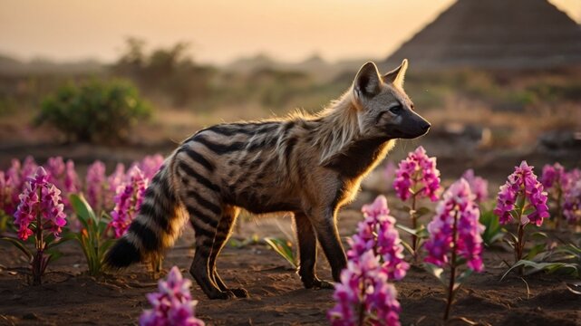an aardwolf with colorful orchids blooming 11.jpg, an aardwolf with colorful orchids blooming  ai