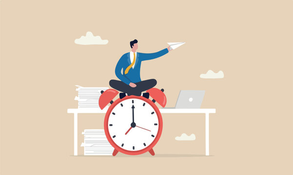 Productivity in work, procrastination or time management or project deadline, best performance employee concept, smart relax businessman sitting on alarm clock launching paper airplane