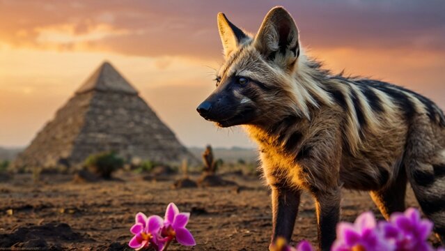 an aardwolf with colorful orchids blooming 11.jpg, an aardwolf with colorful orchids blooming  ai