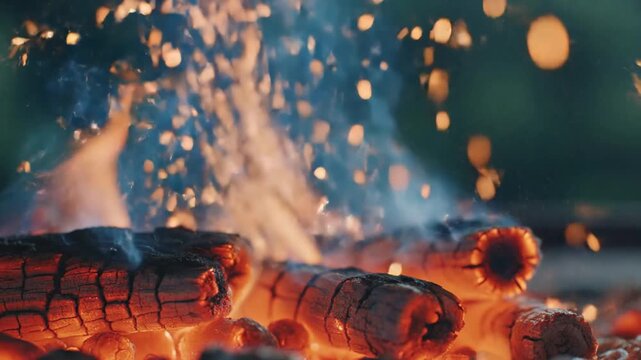 Close up of burning charcoal briquettes with intense flames and flying sparks in a fire pit
