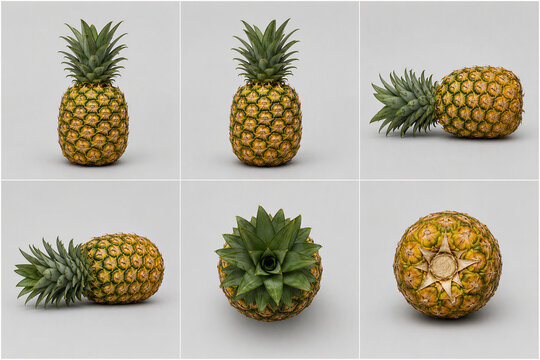 Fresh whole pineapple shown from multiple angles in a clean 2x3 product grid on gray background.