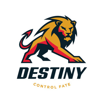 Dynamic lion silhouette mascot in pouncing stance with modern geometric design elements expressing destiny and control over one's fate.