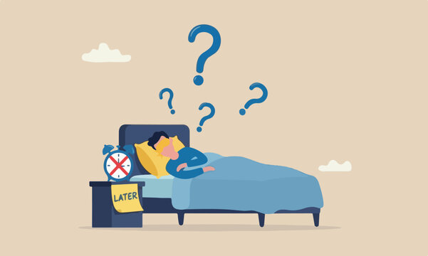 Procrastination, teams together and excuse concept, lazy man sleeping with no clue to wake up with big sticky note written the word later on alarm clock