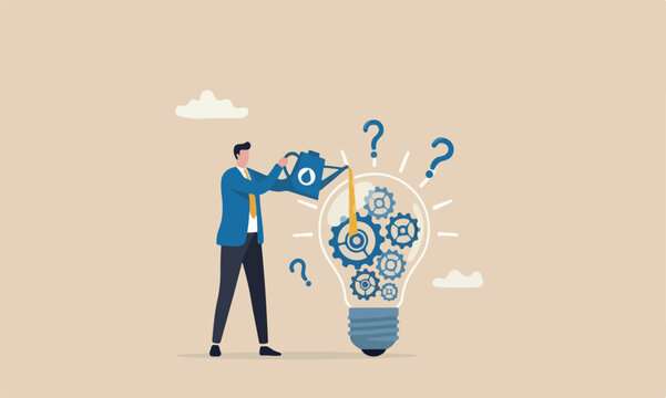 Maintenance innovation to invent new business ideas concept, businessman drop lubricant or grease into open lightbulb lamp with mechanical gears
