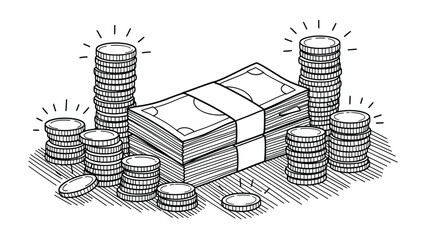 A neat composition of bundled cash stacks and neatly arranged coin piles, all depicted in a striking black and white etching style, against a pristine white background. © Yesyx
