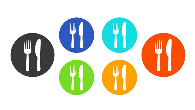 colorful circle icons with white fork and knife for restaurant or cafe menus