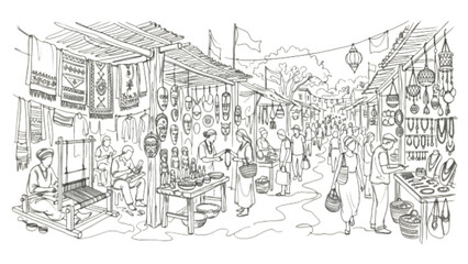Fototapeta premium Handmade Craft Market One Line Drawing – Textiles Jewelry Artisan Cultural Community Line Art