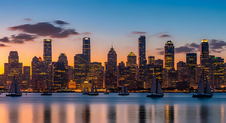 Obraz premium Sailboats navigate a calm bay with a glittering city skyline illuminated at dusk, tall buildings