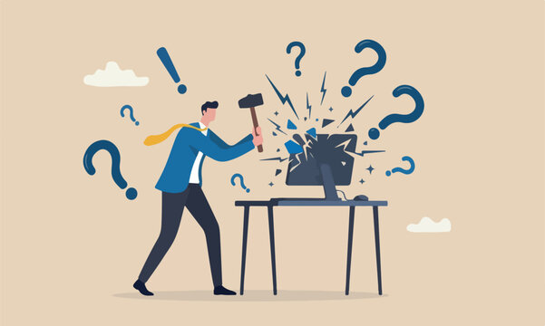 chaos from computer problem or tech failure, stressful or anxiety from overworked or disappointment and mistake concept, frustrated businessman hitting to break computer with hammer