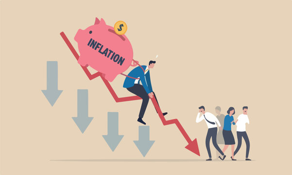 Stagflation,pink piggy bank economic recession while inflation high up, GDP growth decrease causing by unemployment concept, fearful businessman riding fall down economic graph with inflation high up