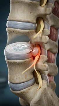 Intervertebral disc problem: spinal disorder, orthopedic aspect, nerve compression, degenerative disc, chronic pain, disc hernia, acute back, vertebra anatomy, pain cause, medical concept.