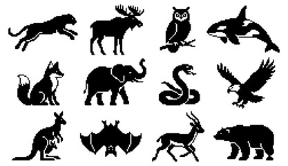 Obraz premium Pixel Art silhouette vector, Pixel Art black silhouettes of wild african forest and jungle animals seamless pattern on white background