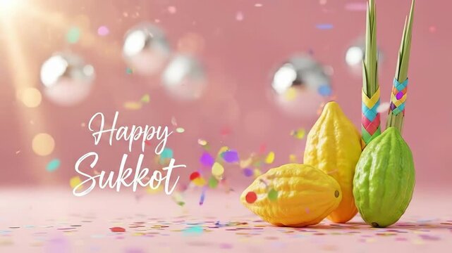 Happy Sukkot greeting with etrog and lulav. Traditional Jewish holiday symbols including yellow and green citron fruits and palm branches with ribbons. Festive celebration concept on pink background