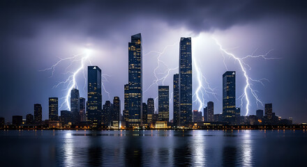 Fototapeta premium Dramatic lightning strikes over a city skyline at night with weather event power surge electric dis